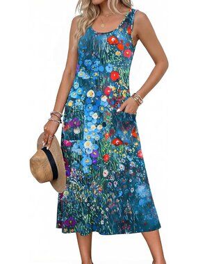 Women's Blue Floral Crewneck Midi Summer Sleeveless Dress Beach Casual Sundress